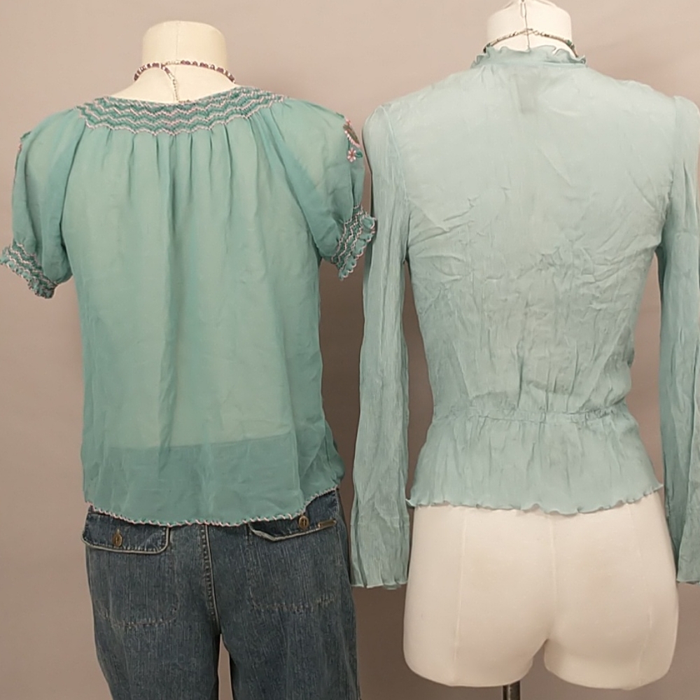 2 Silk Tops Aqua SS Peasant & Button Front Lon Slv - Picture 5 of 14